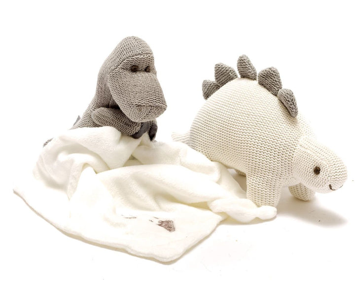 Knitted Grey Diplodocus Plush Toy with Comfort Blanket