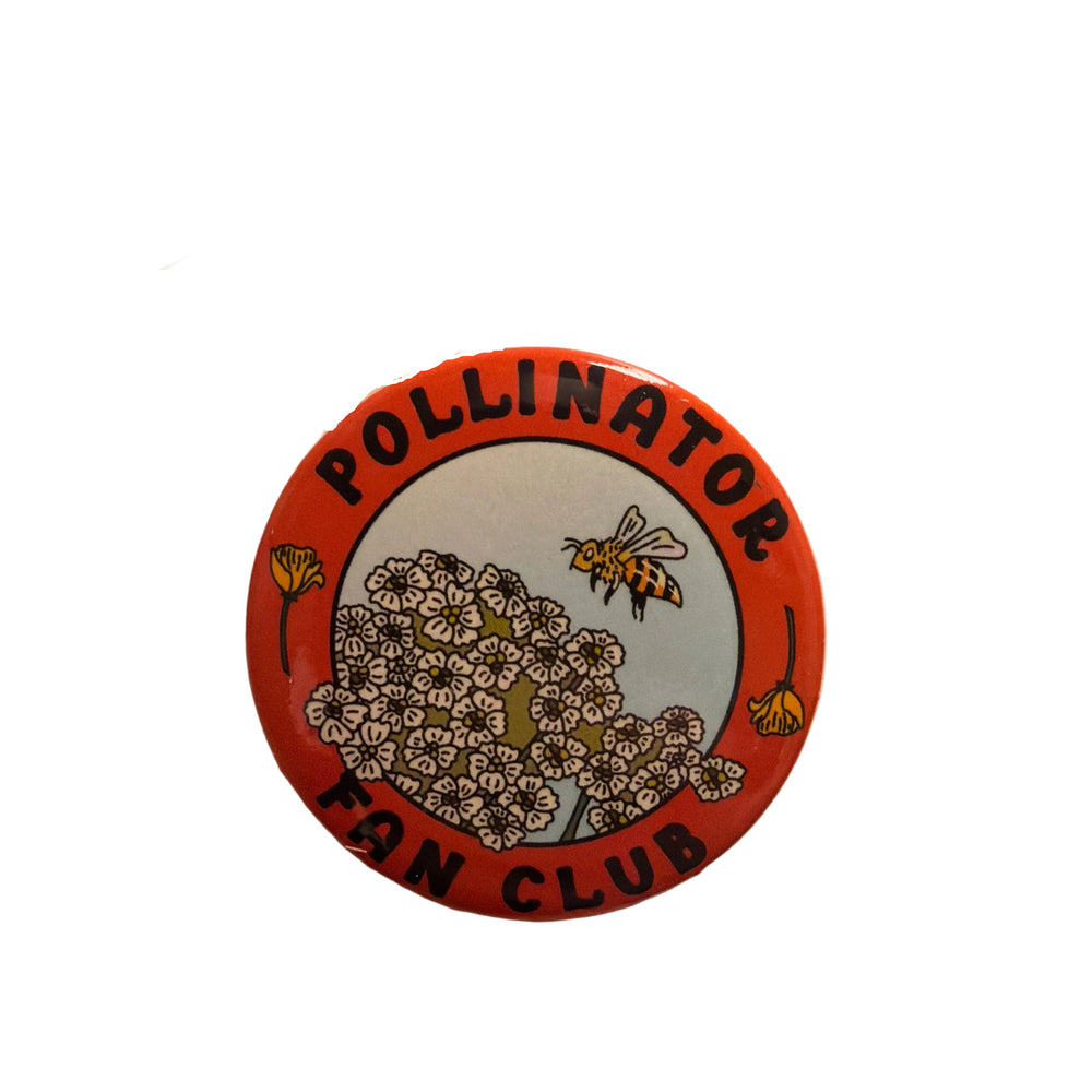 Pinback button on a Rextooth Studios card with a bee and flower design.