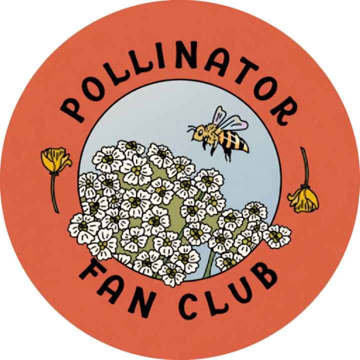 Circular logo for 'Pollinator Fan Club' with a bee and flowers on an orange background