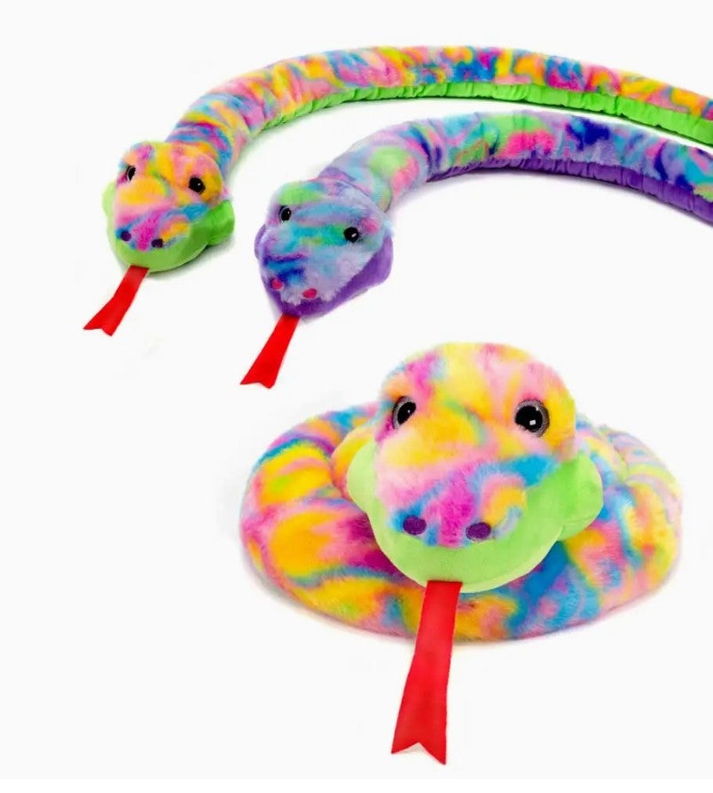 rainbow patterned plush toy snakes with their red, forked tongues out, against a white background