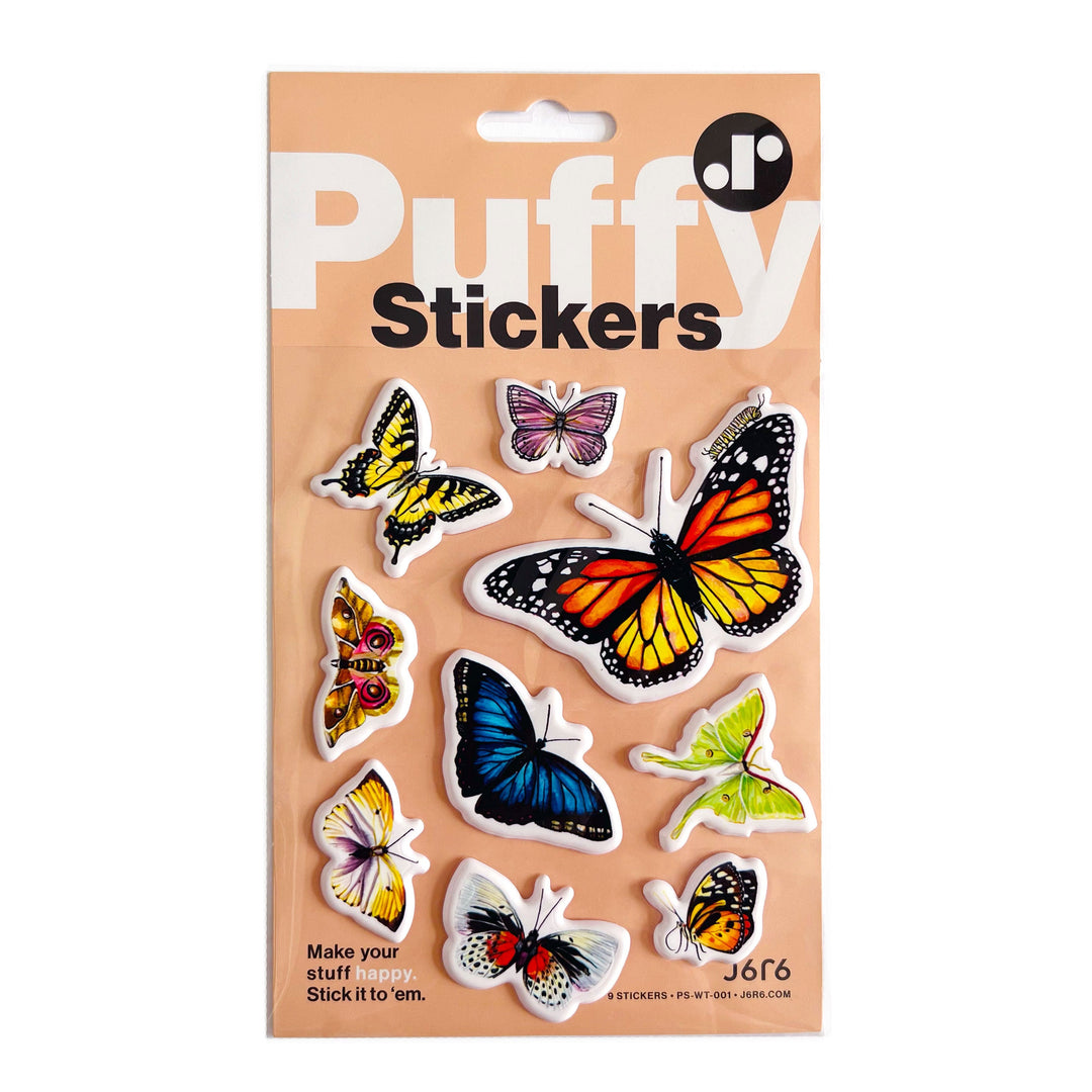 Pack of puffy stickers with butterfly designs on a beige background