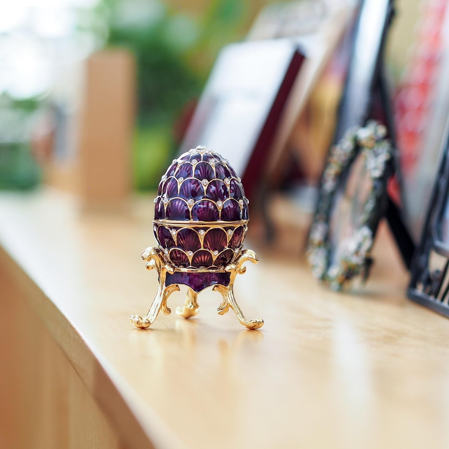 Amethyst Purple Egg Trinket Box with Enameled Stand