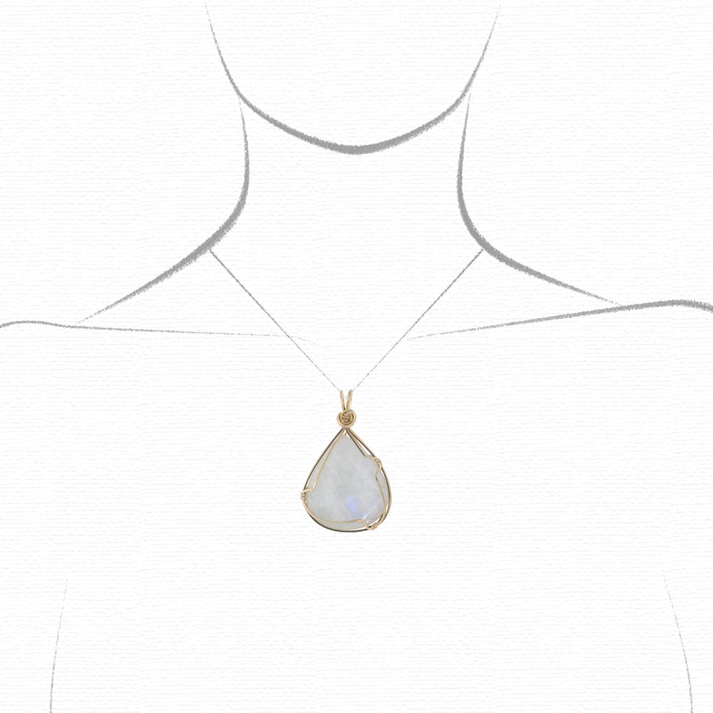 moonstone pendant on a chalk drawing of a model to show relative size