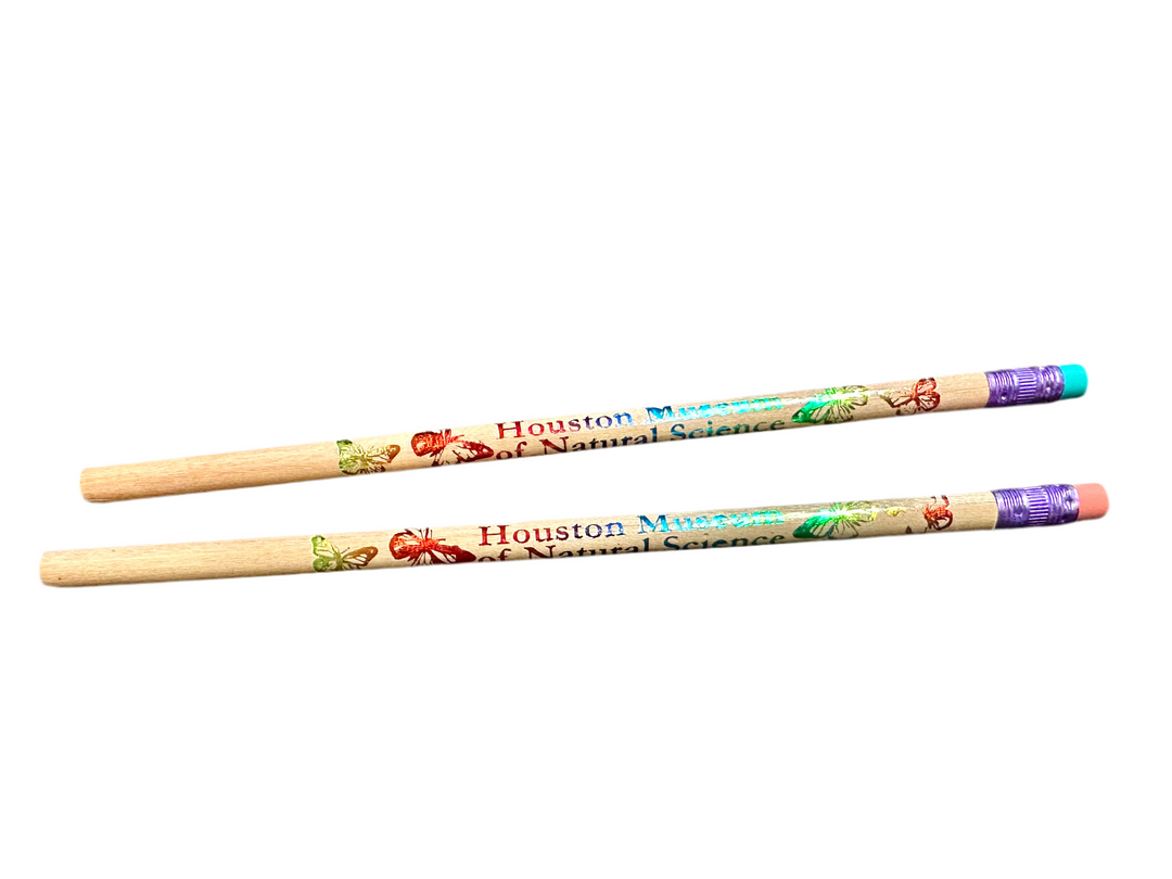 two pencils on a white background featuring butterflies and the name of the museum in rainbow metallic foil