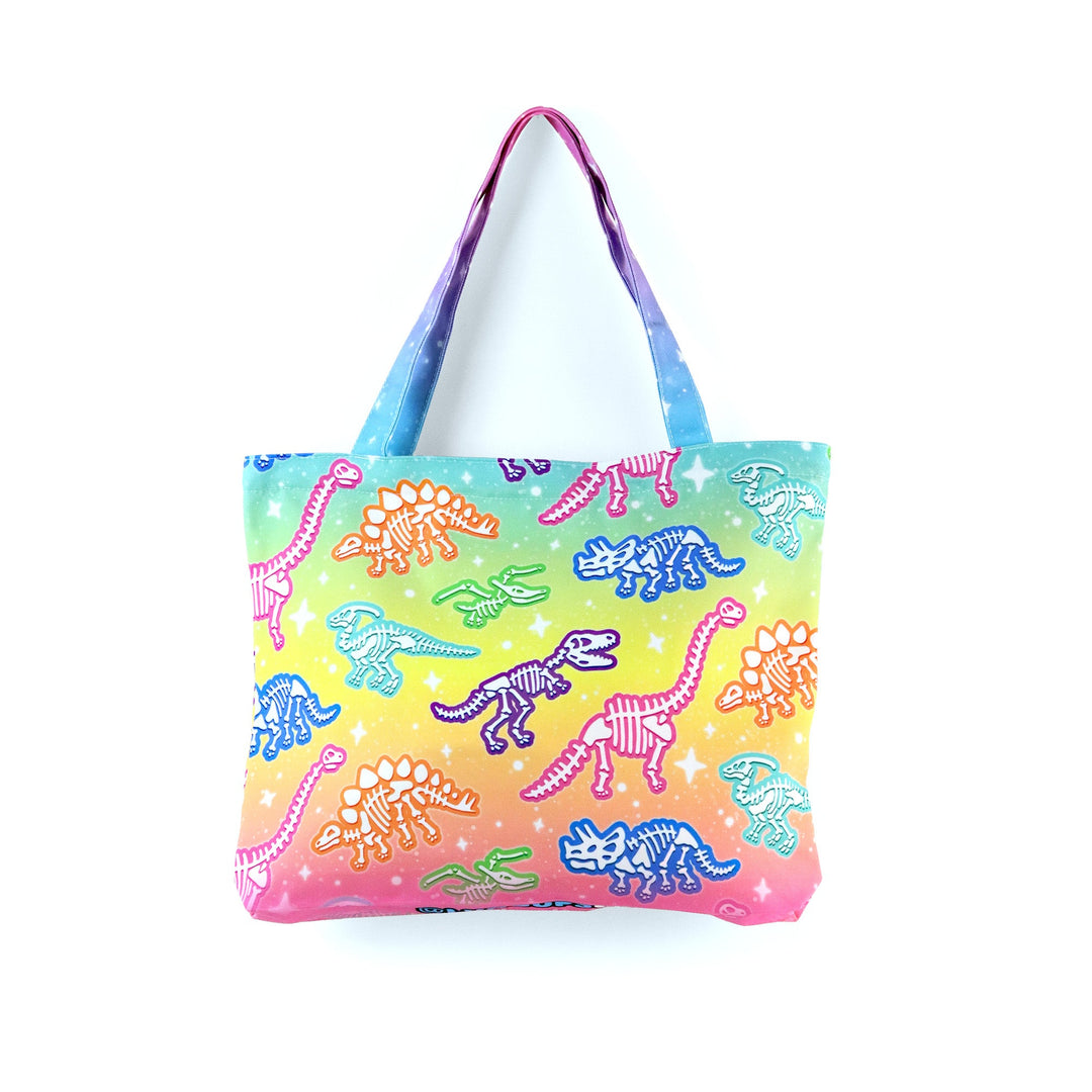 Colorful tote bag with dinosaur pattern on a white background