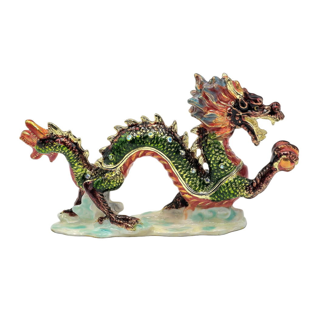 Decorative dragon figurine with green and gold colors on a white background