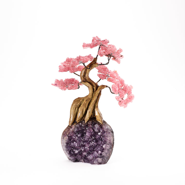 Rose Quartz Gemstone Tree on Amethyst Geode