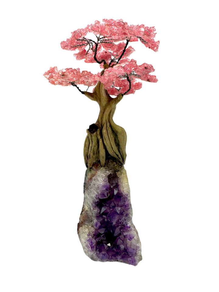 Rose Quartz Gemstone Tree on Amethyst Geode