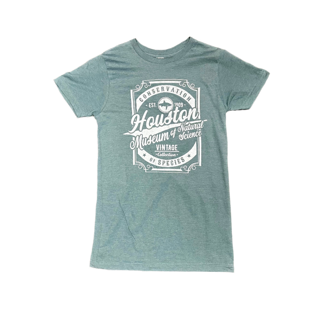Faded teal t-shirt with white text and vintage design on a white background