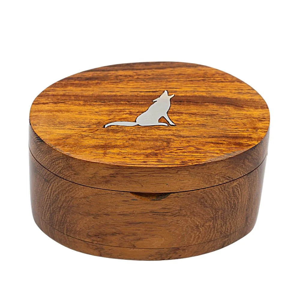 Silver Coyote Howling Round Ironwood Box