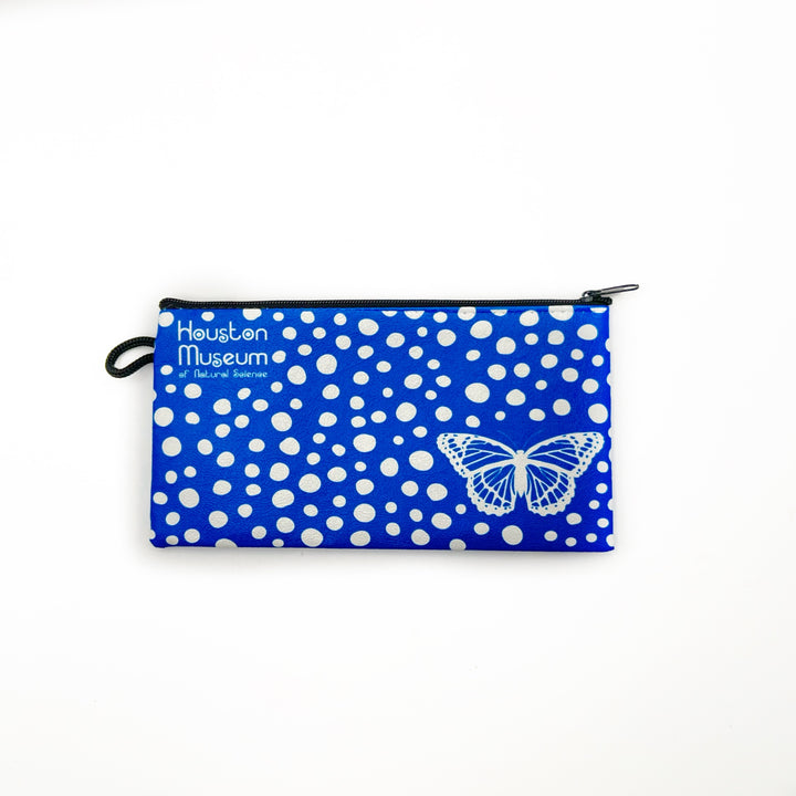 sky blue pencil case with zipper, showing a white butterfly and polka dots