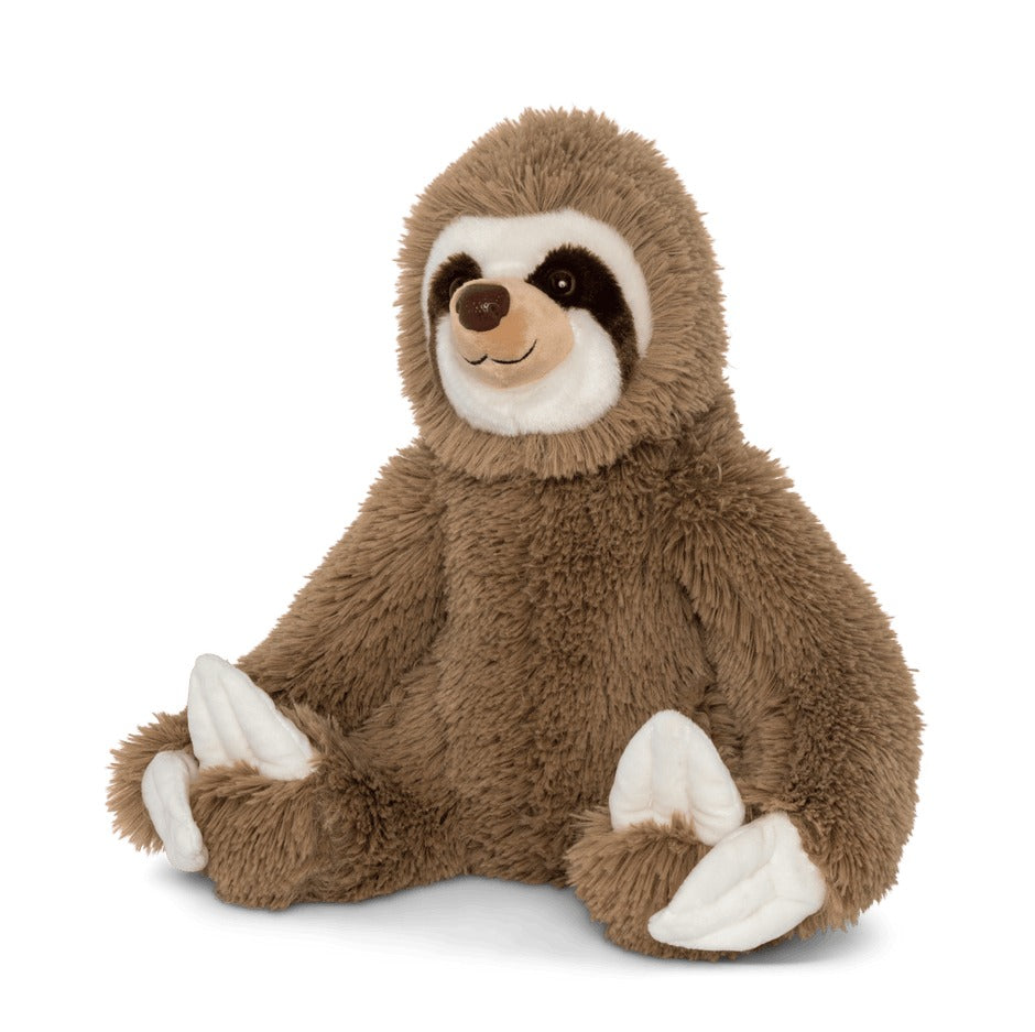 brown sloth plush against a white background