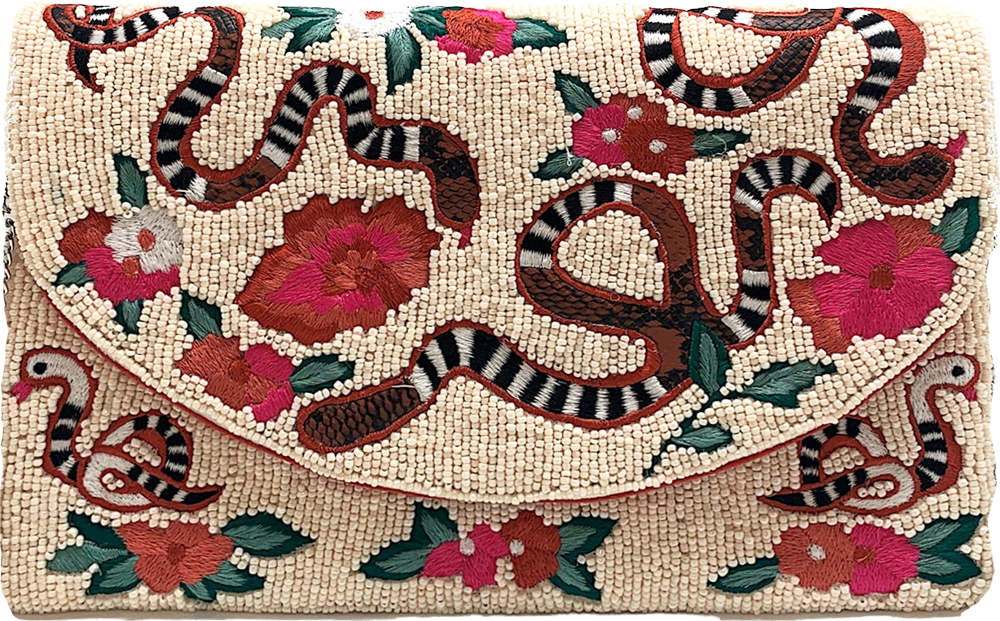 Floral Snake Cream Beaded Clutch