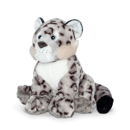 a black and white snow leopard plush toy on a white background
