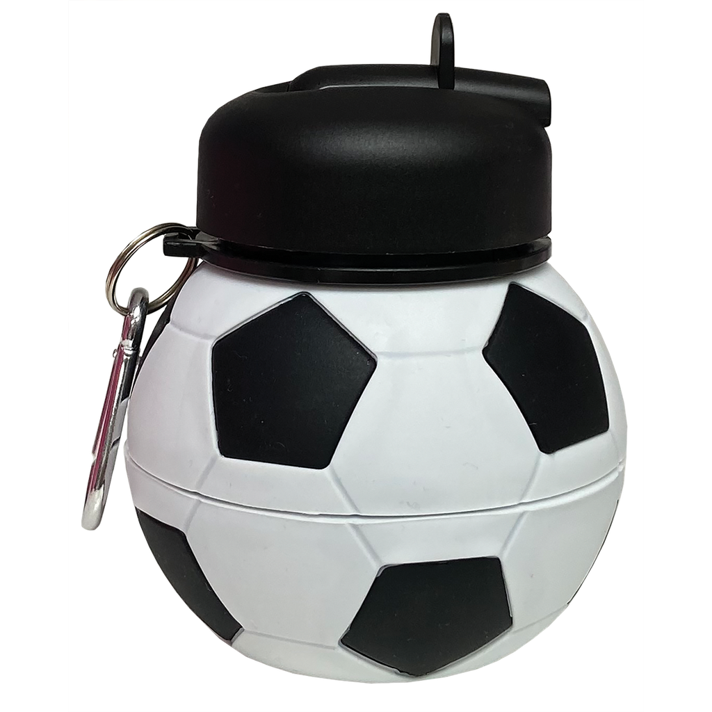Soccer ball-shaped water bottle with black lid and keychain on a white background