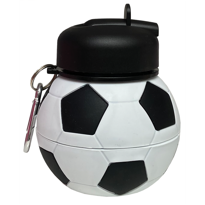 Soccer ball-shaped water bottle with black lid and keychain on a white background