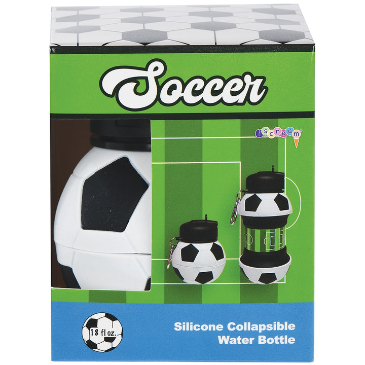 Soccer-themed silicone collapsible water bottle packaging with green and blue design.