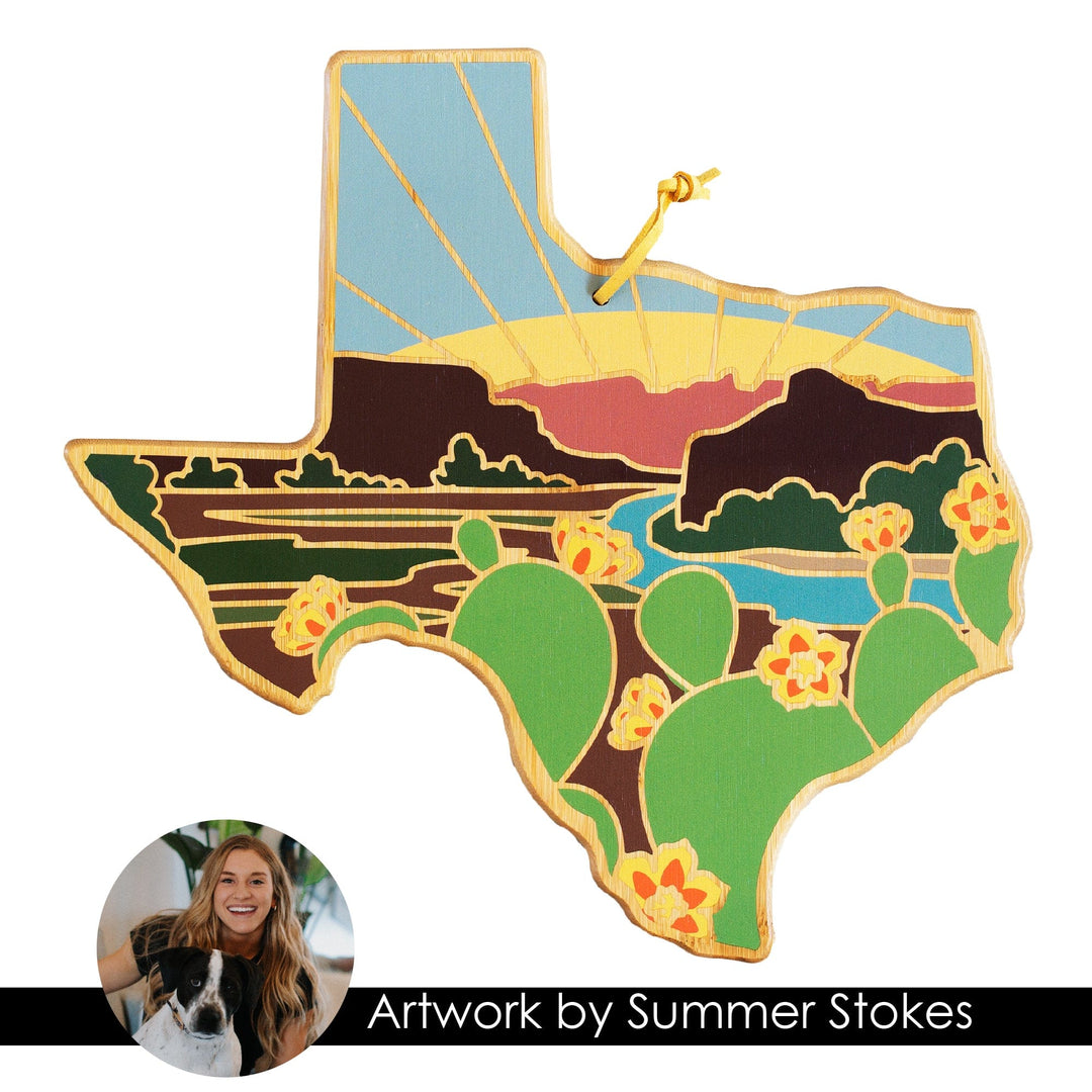 Texas State Shaped Serving and Cutting Board with Artwork by Summer Stokes