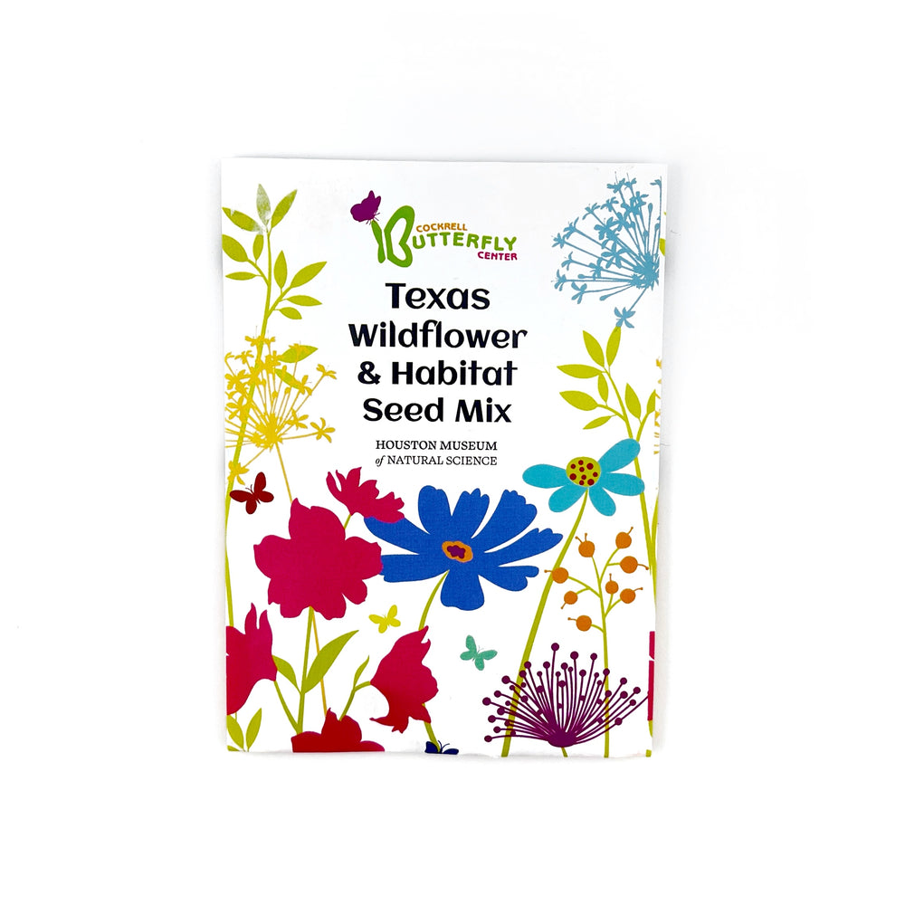 Texas Wildflower & Habitat Seed Mix package with colorful floral designs on a white background