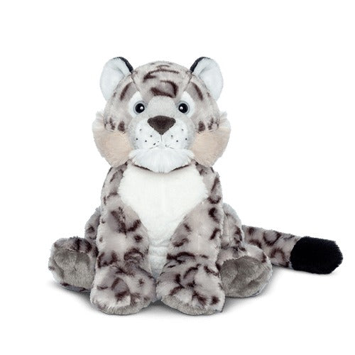 a white and black snow leopard plush on a white background