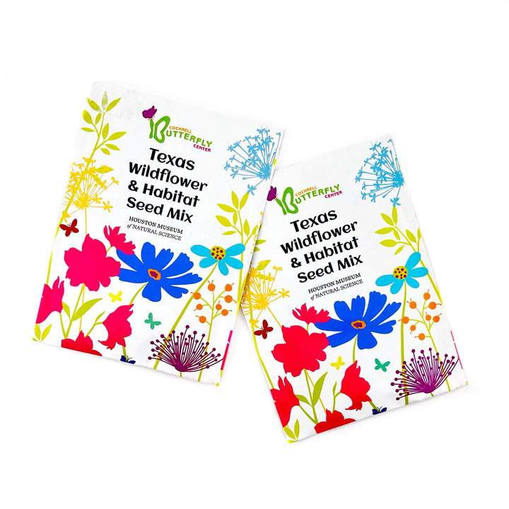 Two packages of Texas Wildflower & Habitat Seed Mix with colorful floral designs on a white background.