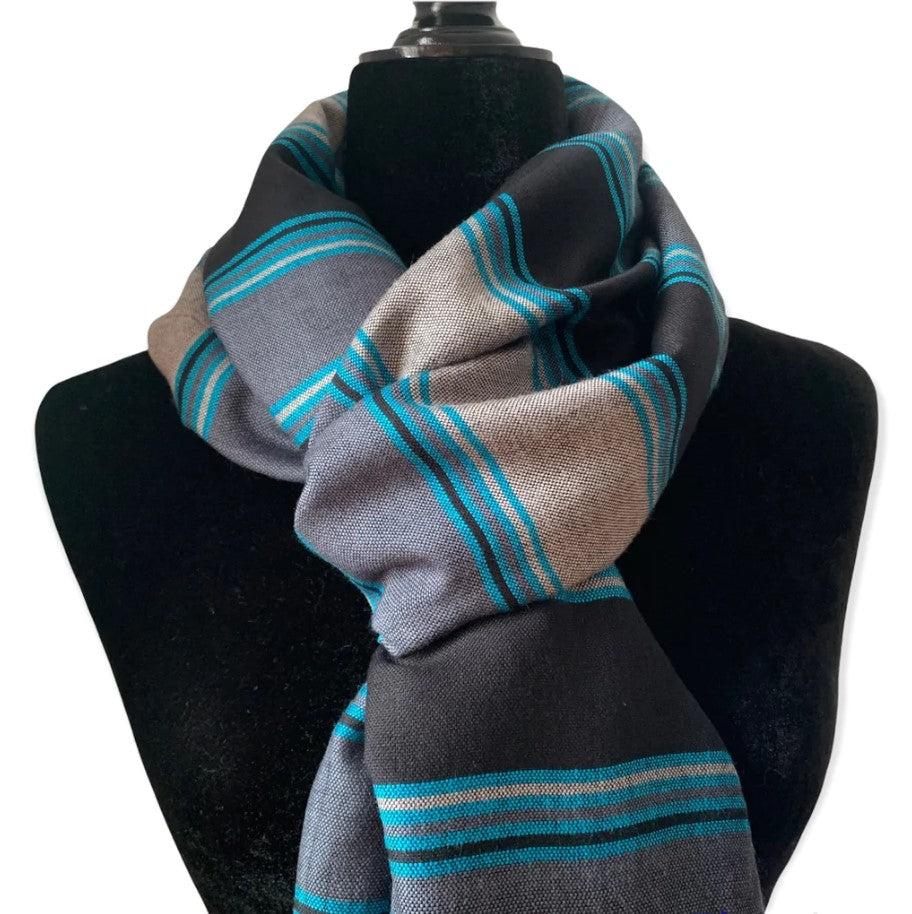 Striped Black, Gray & Turquoise Scarf