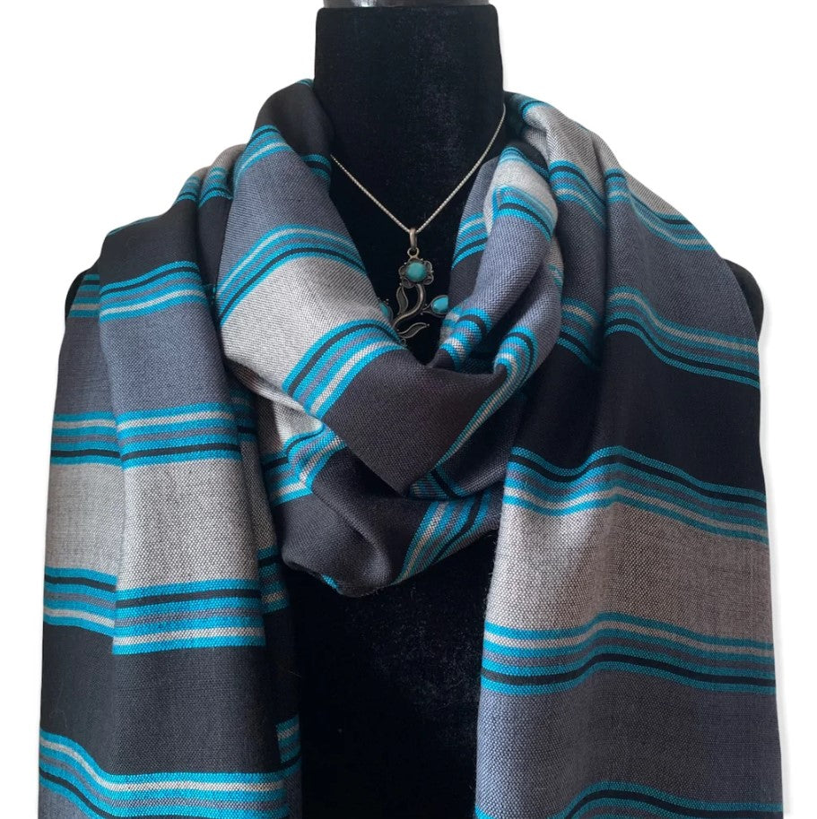 Striped Black, Gray & Turquoise Scarf