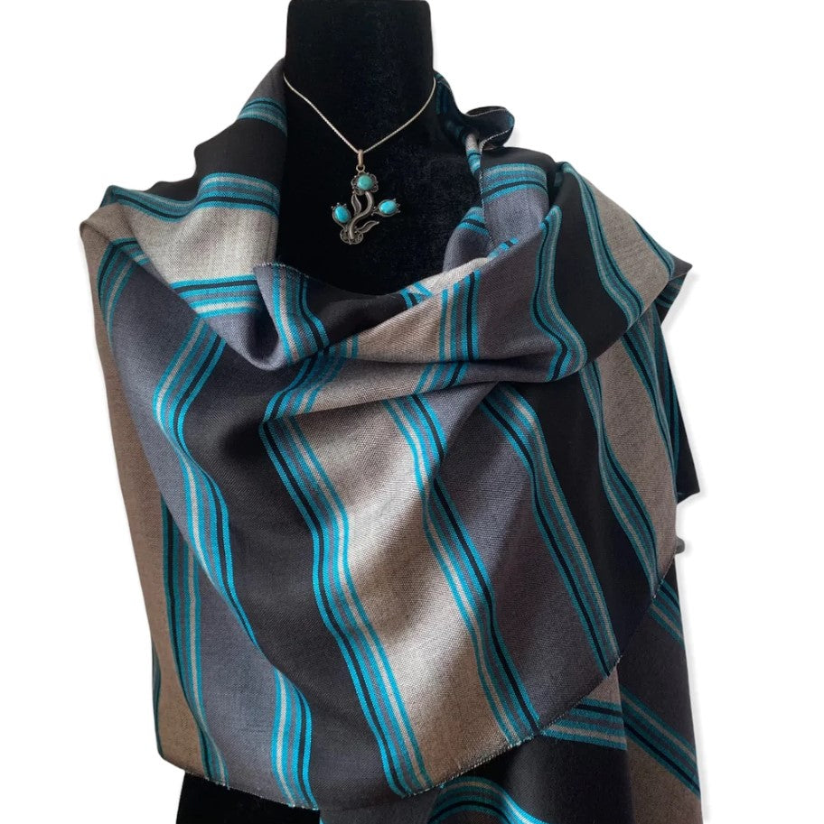 Striped Black, Gray & Turquoise Scarf