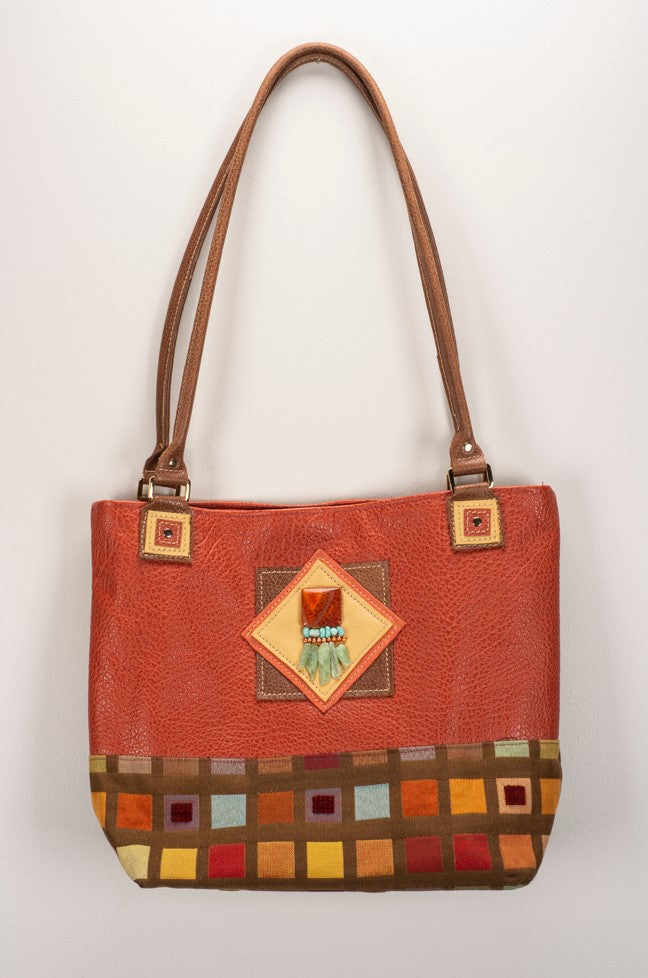 Red Leather & Square Pattern Fabric Shoulder Bag