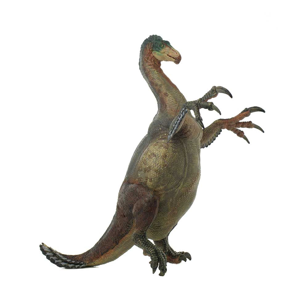 Therizionosaurus- a strange and uncommon dinosaur from the Late Cretaceous and lived in current-day Mongolia- is shown rearing up on its hind legs and displaying its long, sharp claws on its front legs.