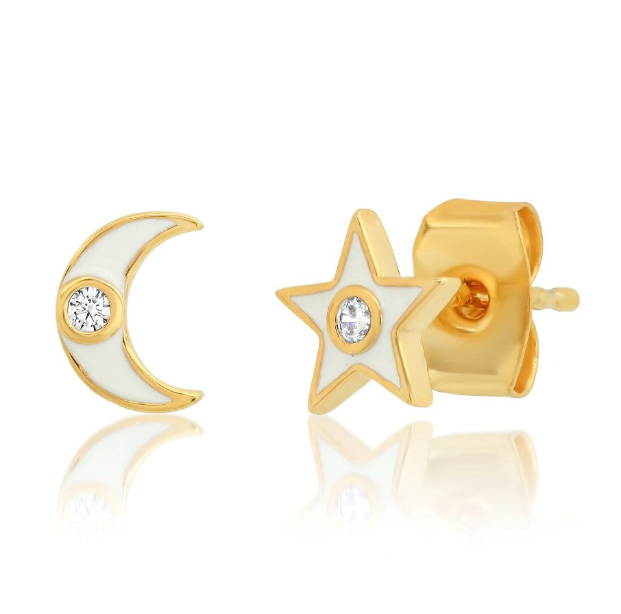 Star & Moon White Enamel Stud Earrings