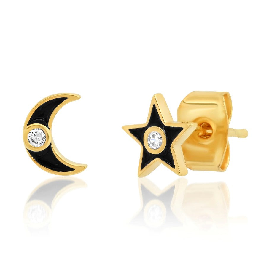 Star & Moon Black Enamel Stud Earrings