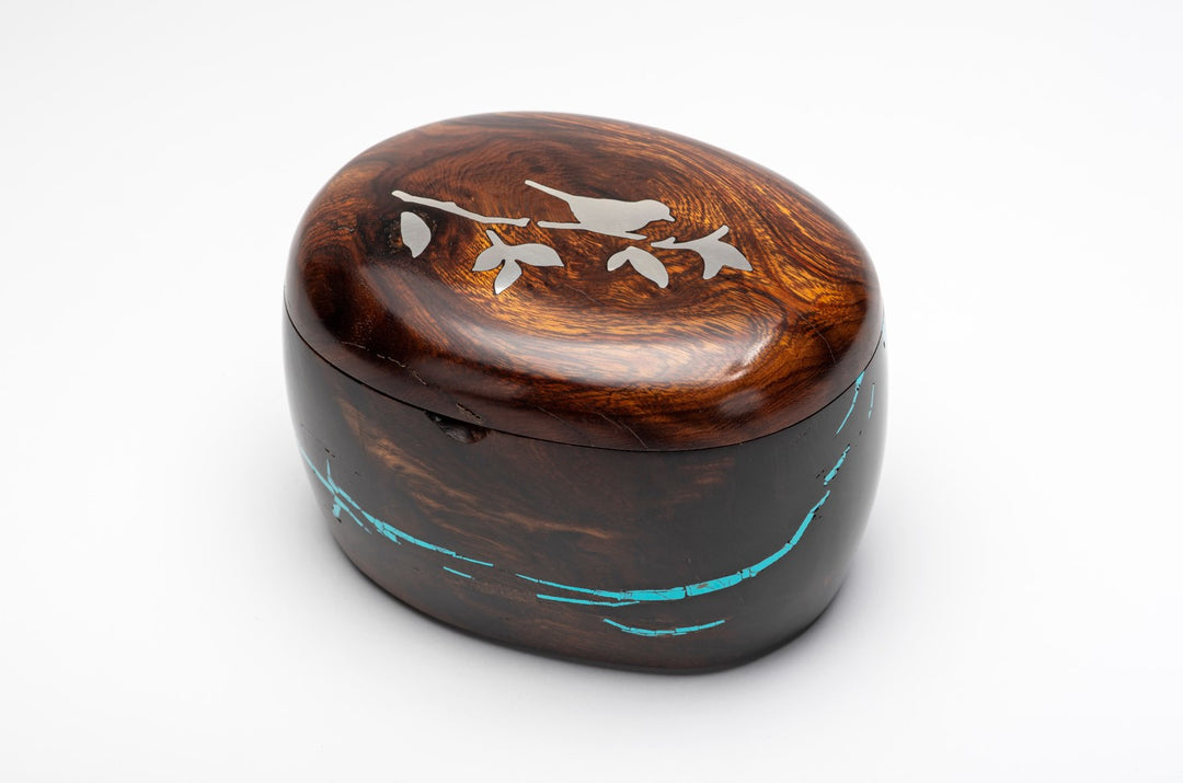 Songbird on Branch, Oval Ironwood Turquoise Box
