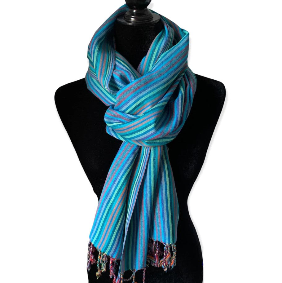 Thin Striped Handwoven Scarf- Shades of Turquoise