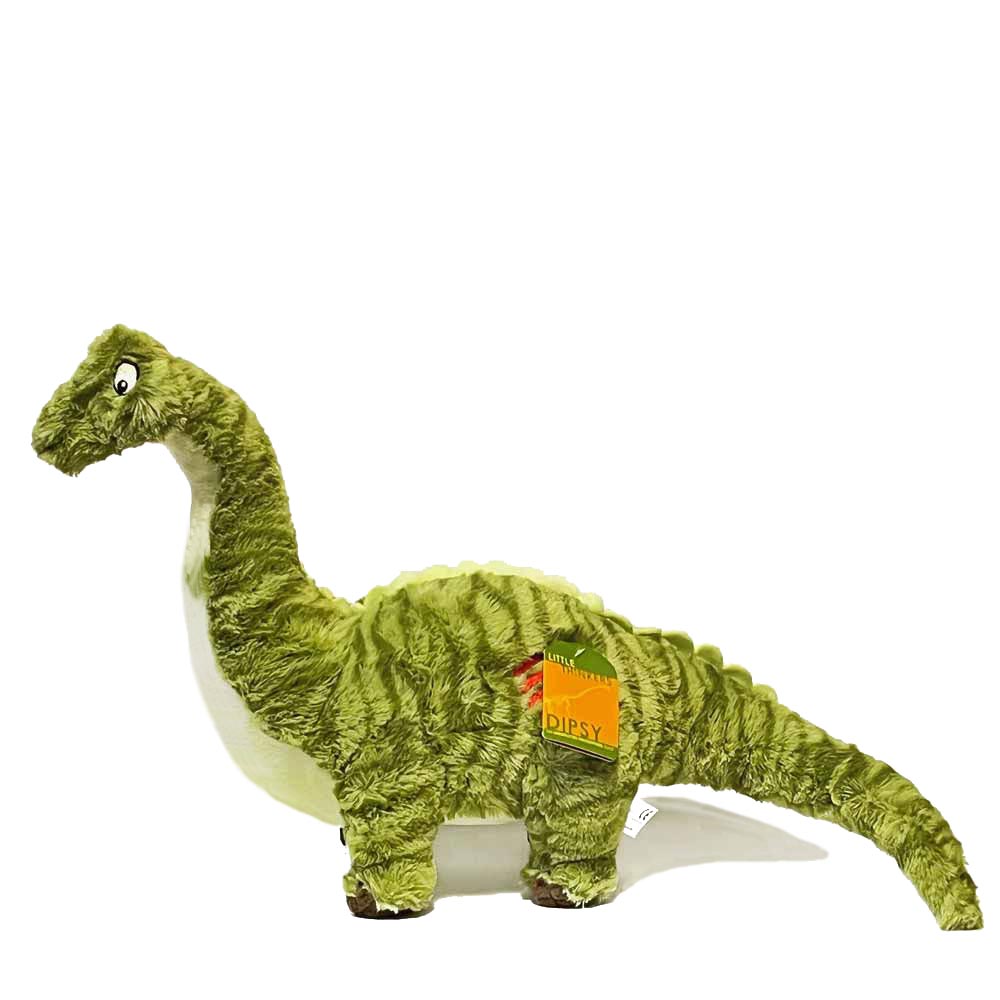 a green diplodocus dinosaur plush toy with a name tag and three red gashes on its hip. The plush toy has embroidered eyes and is fluffy to the touch.