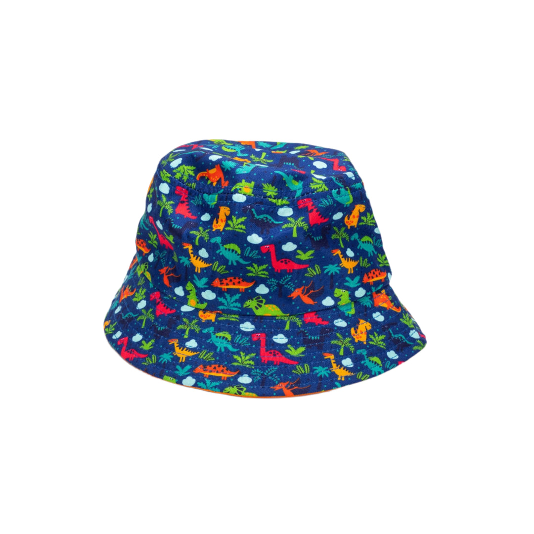 A multicolored kids' bucket hat with a dinosaur pattern on a white background.