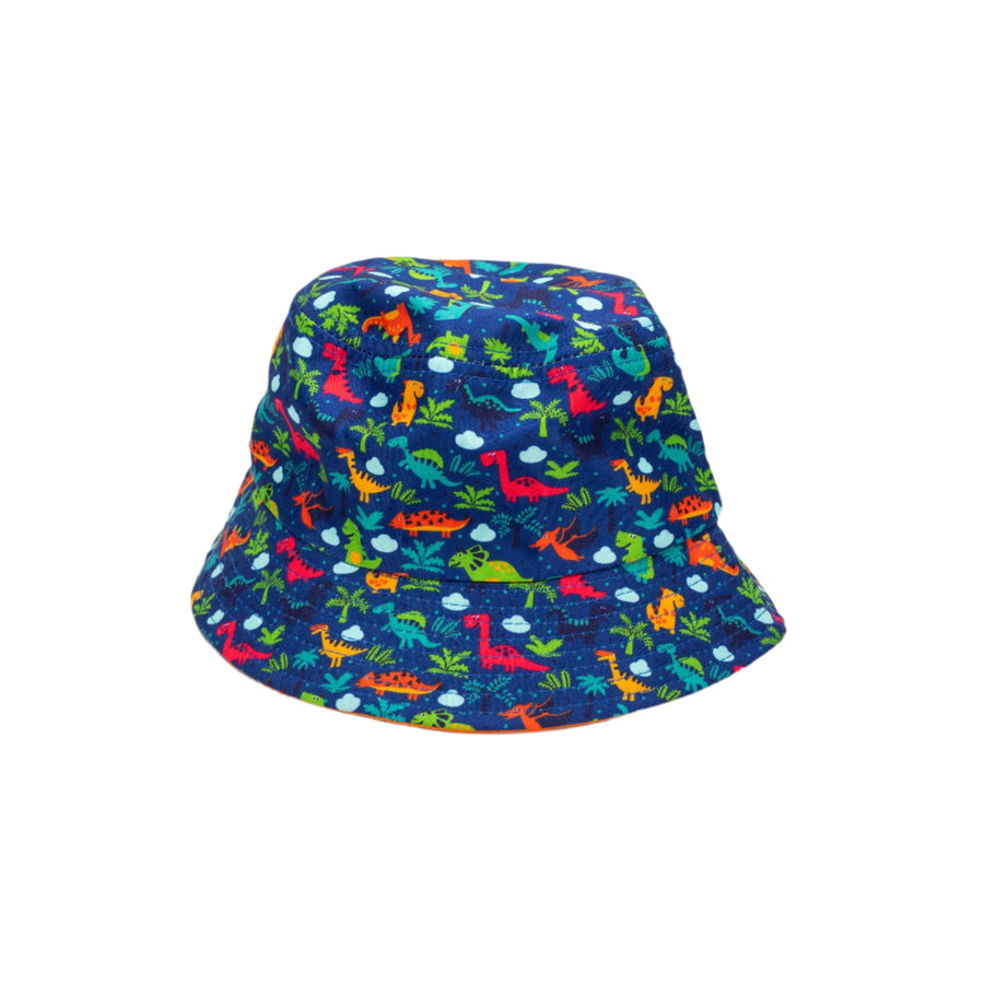 A multicolored kids' bucket hat with a dinosaur pattern on a white background.
