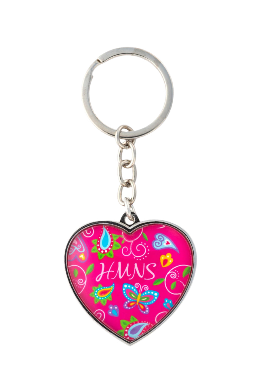 A heart-shaped keychain with a butterfly pattern and the text 'HMNS' on a pink background.